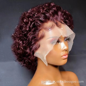 Short Curly Bob Wig Pixie Cut Human Hair  Under $30 99J 1BT30 Brown Colored Hair Wigs 13X1 Transparent Lace Wig For Women